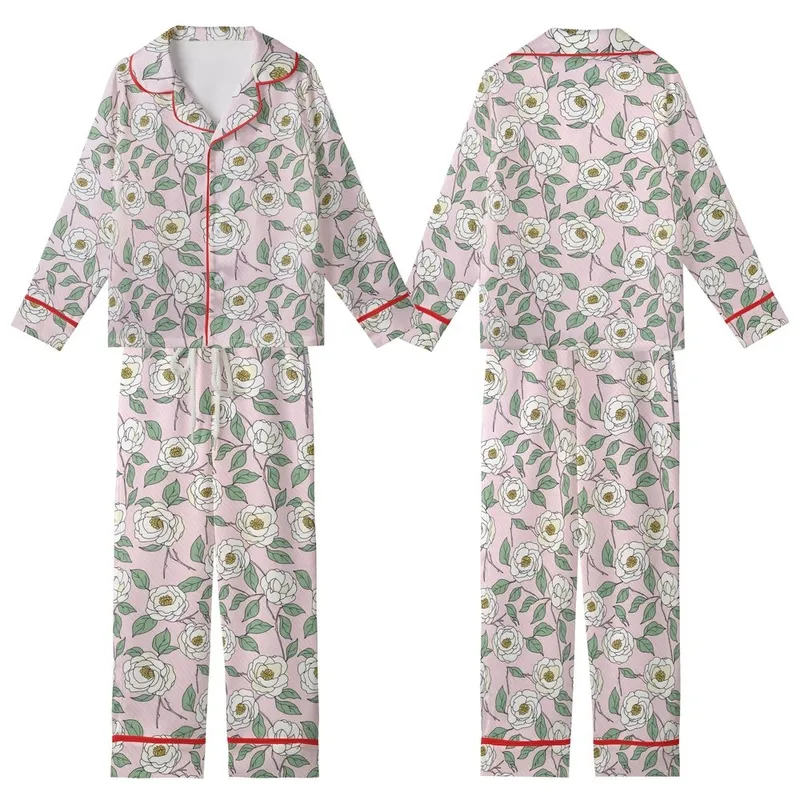 Women's Elegant Hand-Drawn Creamy White Camellia Floral Pastel Pink Diagonal Stripe Sage Green Botanical Kid Satin Pajamas Set - 1