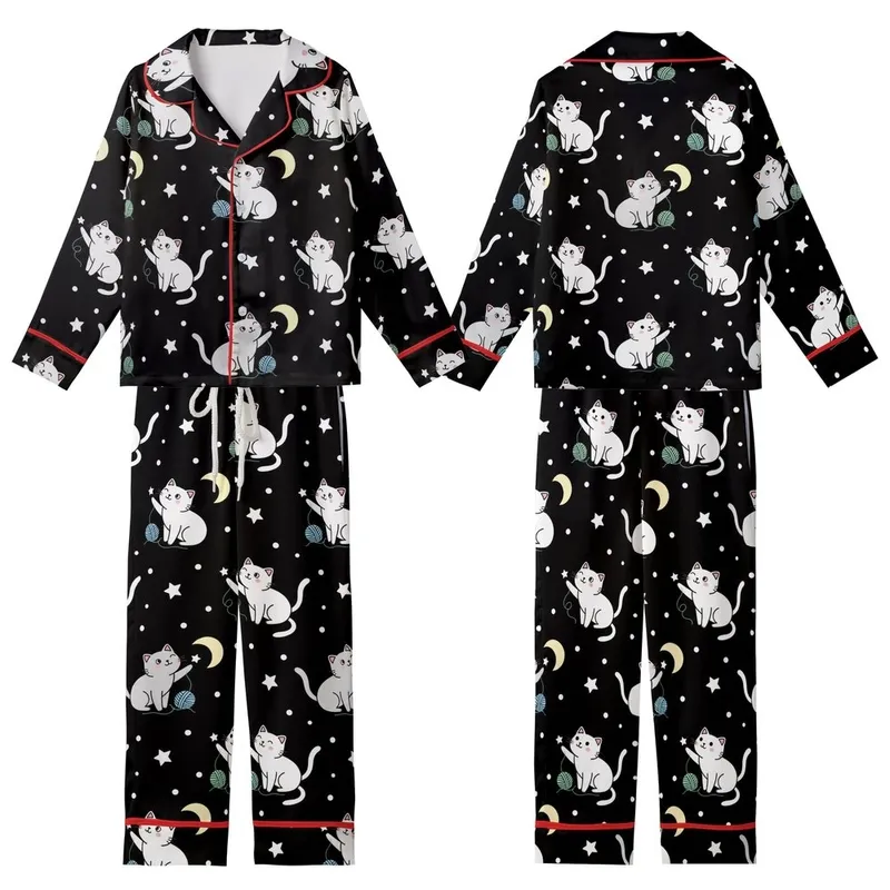 Cat Lovers' Whimsical Illustrative White & Grey Cats Starry Black Pattern, Pale Yellow Moons & Pastel Yarn Kid Satin Pajamas Set - 1