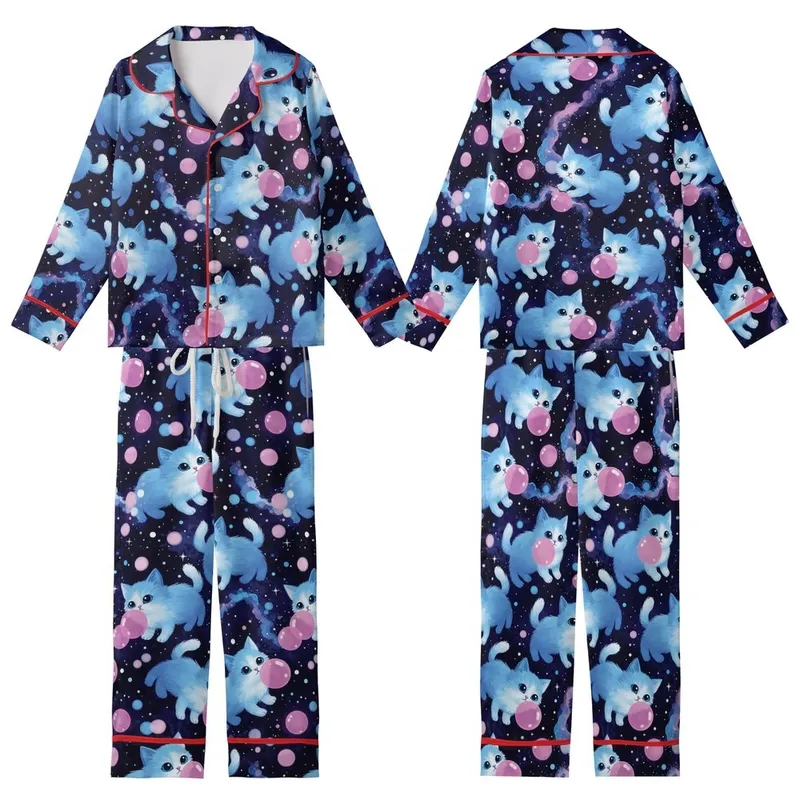 Whimsical Cat Lovers' Luminous Electric Blue Kitten Bubblegum Cosmic Dream Art Kid Satin Pajamas Set - 1