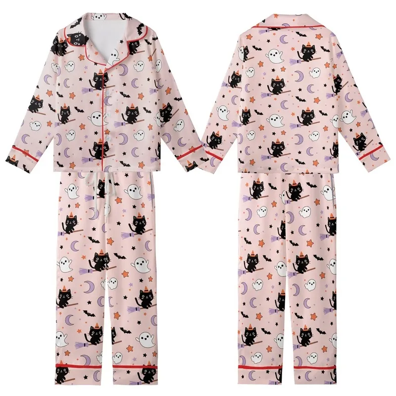 Cute Halloween Lovers' Pastel Pink Whimsical Black Cat Ghost Bat Lavender Orange Star Pattern Kid Satin Pajamas Set - 1