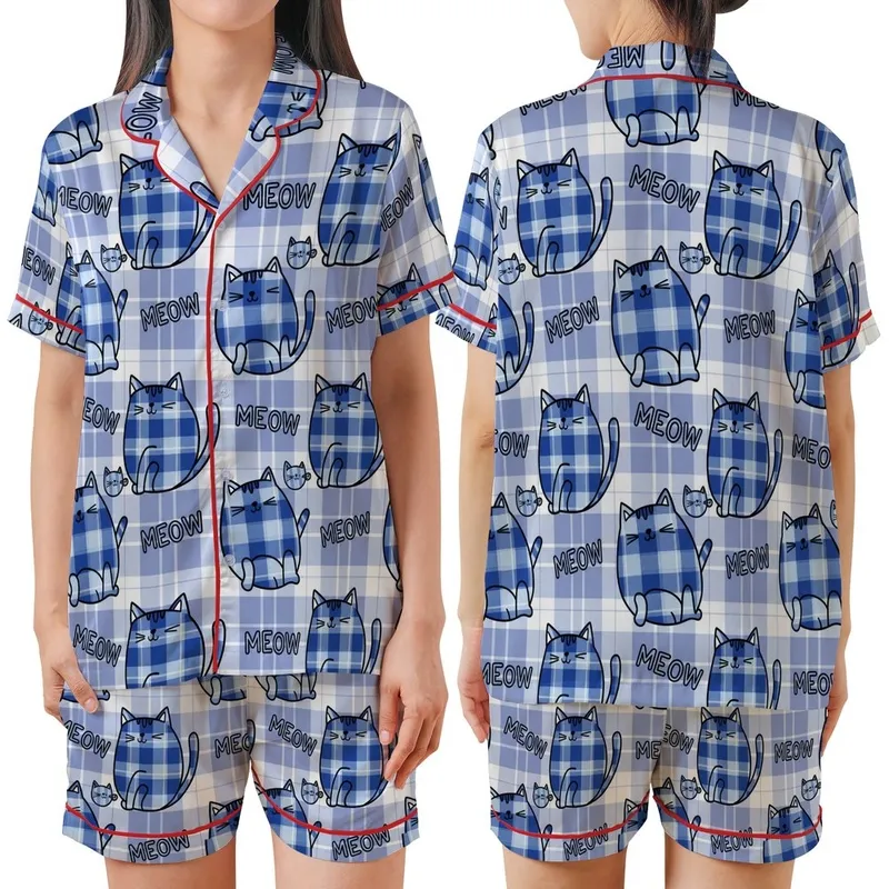 Cat Lovers' Illustrative Cool Blue Plaid Cartoon Cats & Whiskered MEOW Text Pattern Satin Short-Sleeve Pajamas Set - 1