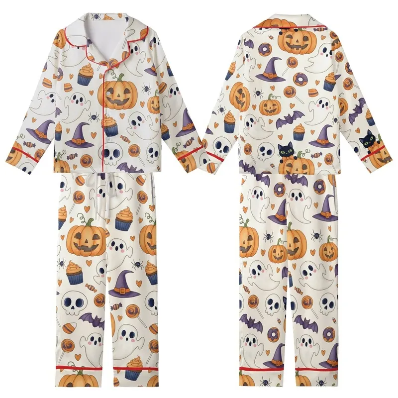 Halloween Celebration Fans' Whimsical Watercolor Cream Orange Purple Jack-o'-Lantern Skulls Ghost Bat Candy Cat Print Kid Satin Pajamas Set - 1