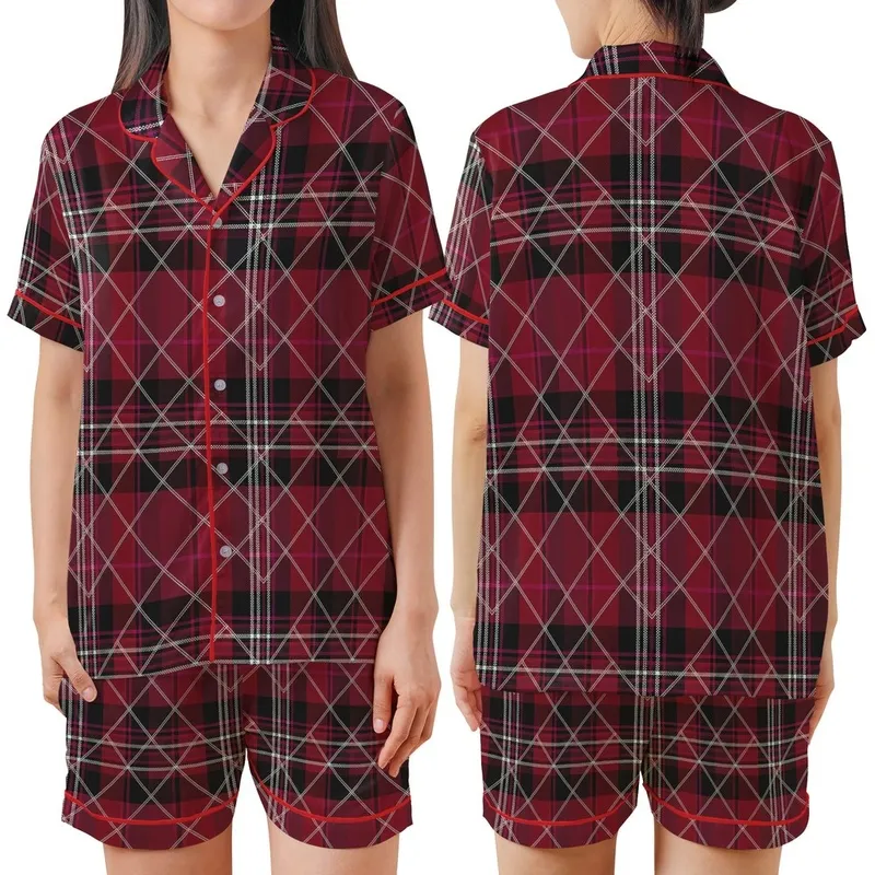 Style Seekers' Bold Crimson Black Magenta Off-White Tartan Plaid Grid Satin Short-Sleeve Pajamas Set - 1