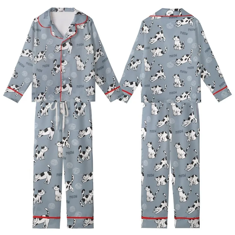 Cat Lovers' Seamless Muted Blue-Grey Hand-Drawn White & Black Cartoon Cats Playful Poses 'Meow' Flat Pattern Kid Satin Pajamas Set - 1