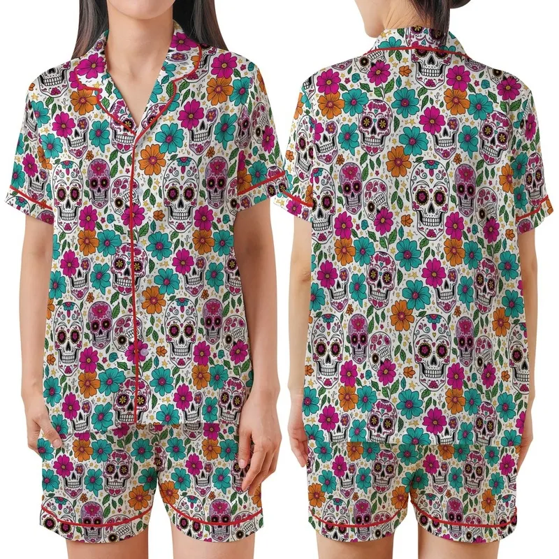 Women's Vibrant Sugar Skull Floral Pattern White Background Fuchsia Teal Orange Satin Short-Sleeve Pajamas Set - 1