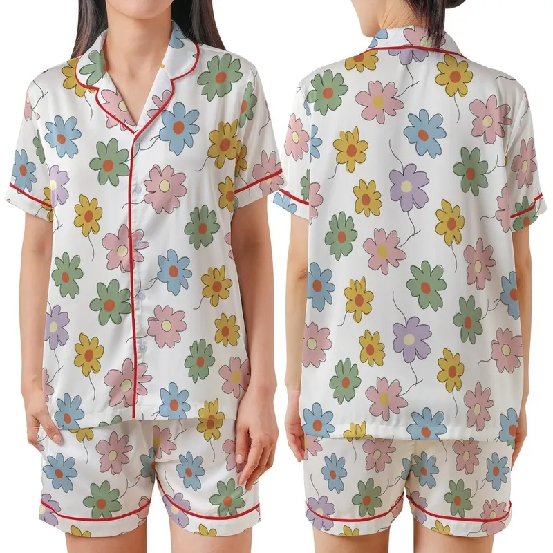 Women's Whimsical Hand-Drawn Scattered Stylized Floral Pastel Pink Sage Blue Satin Short-Sleeve Pajamas Set - 1