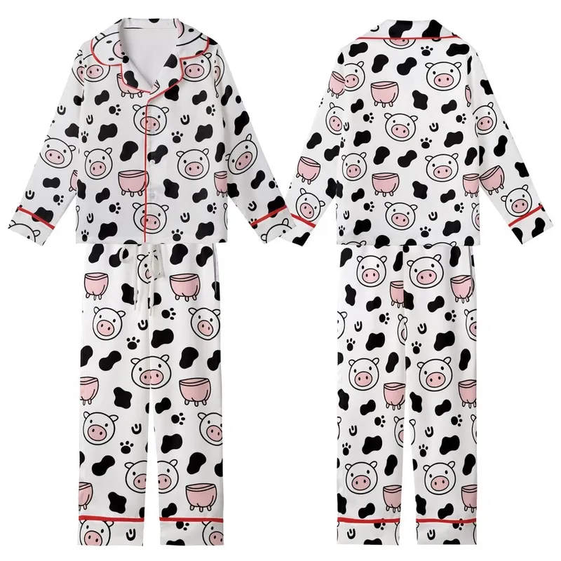 Cow Lovers' Whimsical Cartoon Cow Pattern: Black Spots, Pink Snouts, Udders, Hoof Prints, White Background Kid Satin Pajamas Set - 1