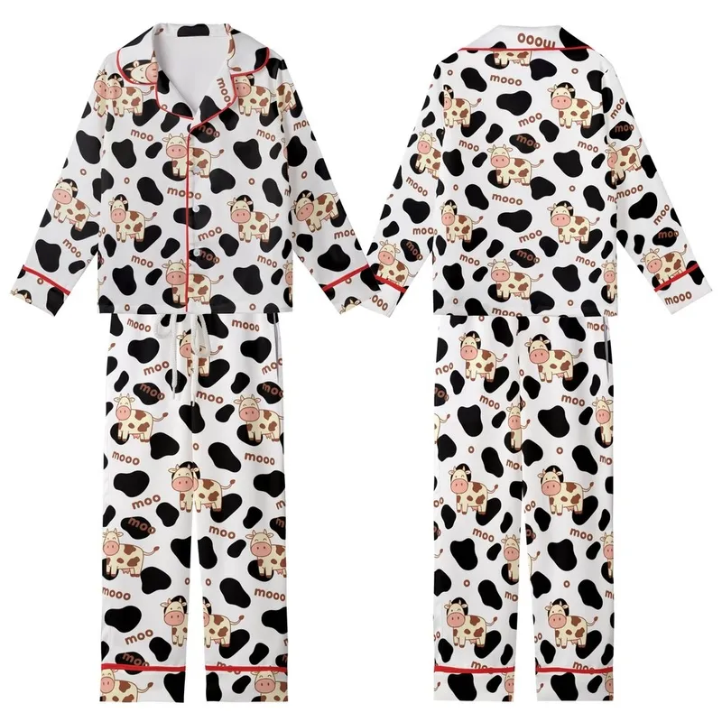 Whimsical Style Lovers' Black White Cow Spot Pattern with Cute Flat Cartoon Cows and Playful Brown "Moo" Text Kid Satin Pajamas Set - 1