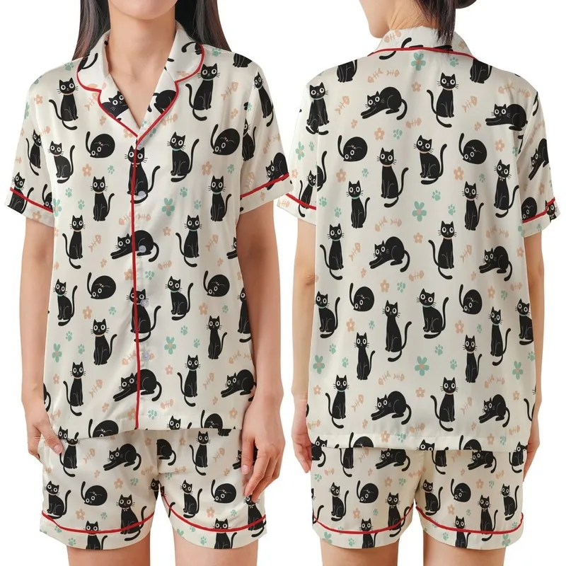 Cat Lover Black Cats Posing Light Peach Bows Teal Collars Fish Bones Paw Prints Cream Pattern Satin Short-Sleeve Pajamas Set - 1