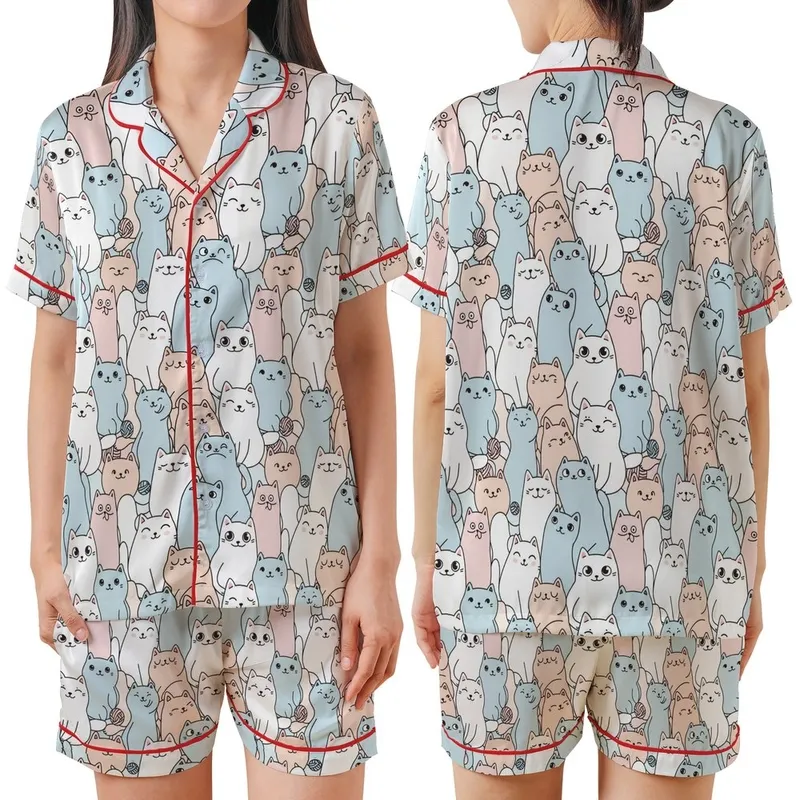 Cat Lovers Cartoon Felines Expressive Faces Black Outline Yarn Ball Seamless Pattern Satin Short-Sleeve Pajamas Set - 1