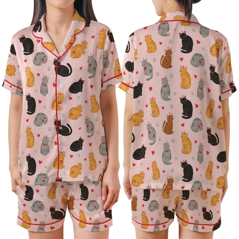Cat Lovers' Charming Light Pink Feline Pattern Diverse Cats Red Hearts & Taupe Paw Prints Satin Short-Sleeve Pajamas Set - 1