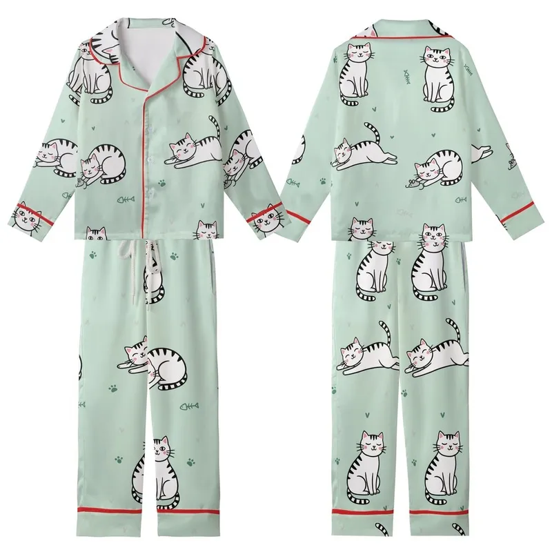 Cat Lovers' Whimsical Hand-Drawn White Cartoon Cats Light Mint Green Pattern Fish Bones Paw Prints Kid Satin Pajamas Set - 1