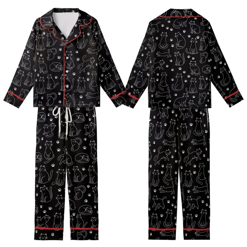 Cat Lovers' Minimalist White Outline Playful Cats Paw Prints Black Pattern Kid Satin Pajamas Set - 1
