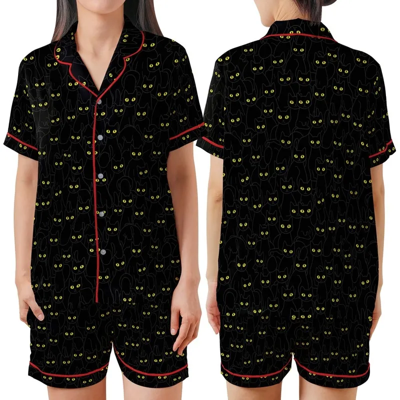 Cat Lovers' All-Over Stylized Black Cat Crowd Pattern with Vibrant Yellow Eyes Flat Art Satin Short-Sleeve Pajamas Set - 1