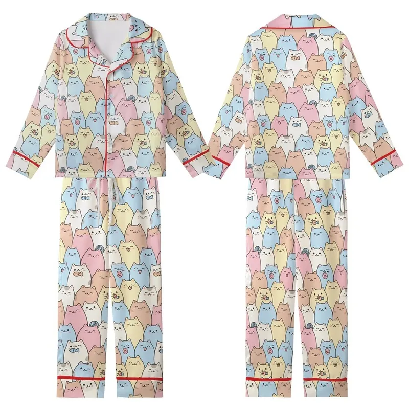 Cat Lovers' Kawaii Pastel Pink Blue Yellow Cat Crowd Seamless Pattern Kid Satin Pajamas Set - 1