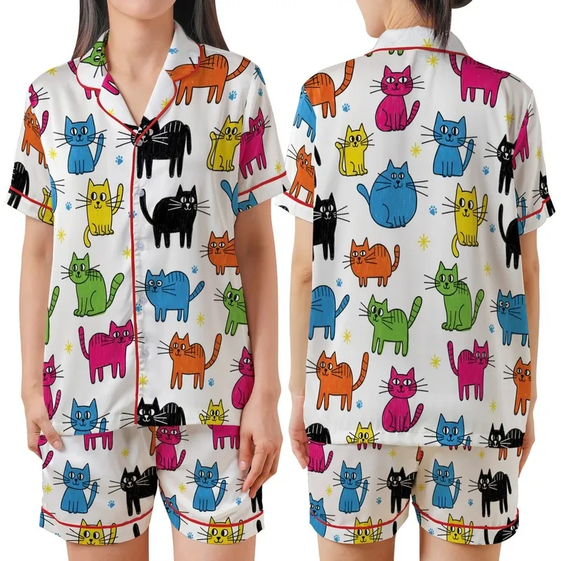 Cat Lovers' Whimsical Hand-Drawn Doodle Abstract Cats Pattern with Vibrant Multi-Color Crayon Style Satin Short-Sleeve Pajamas Set - 1