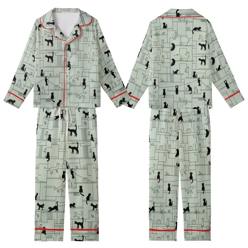 Cat Lovers' Whimsical Urban Cats Minimalist Sage Green Line Art Black Silhouette Pattern Kid Satin Pajamas Set - 1