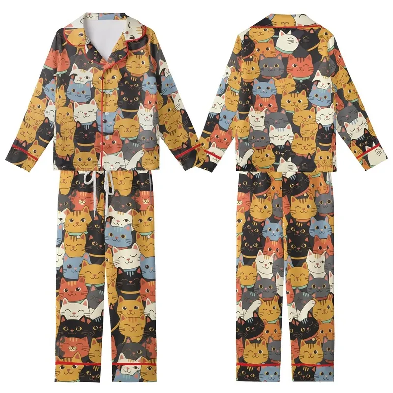 Cat Lovers' Dense Playful Seamless Cat Faces Pattern Ginger Ochre Cream Charcoal Pastel Kid Satin Pajamas Set - 1
