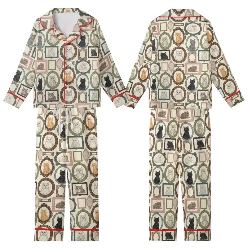 Cat Lovers' Muted Eclectic Antique Framed Cat Portraits Collage Cream Pattern Kid Satin Pajamas Set - 1