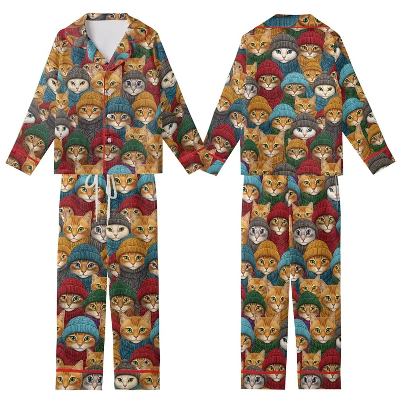 Cat Lovers' Intricate Realistic Cat Portraits with Emerald, Blue, Amber Eyes in Vibrant Knitted Wear Pattern Kid Satin Pajamas Set - 1