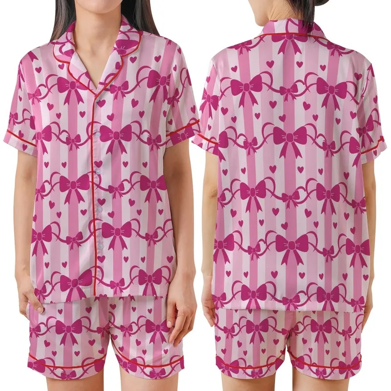 Women's Sweet Pastel Pink Candy Stripe Fuchsia Bows Ribbon & Heart Flat Art Satin Short-Sleeve Pajamas Set - 1