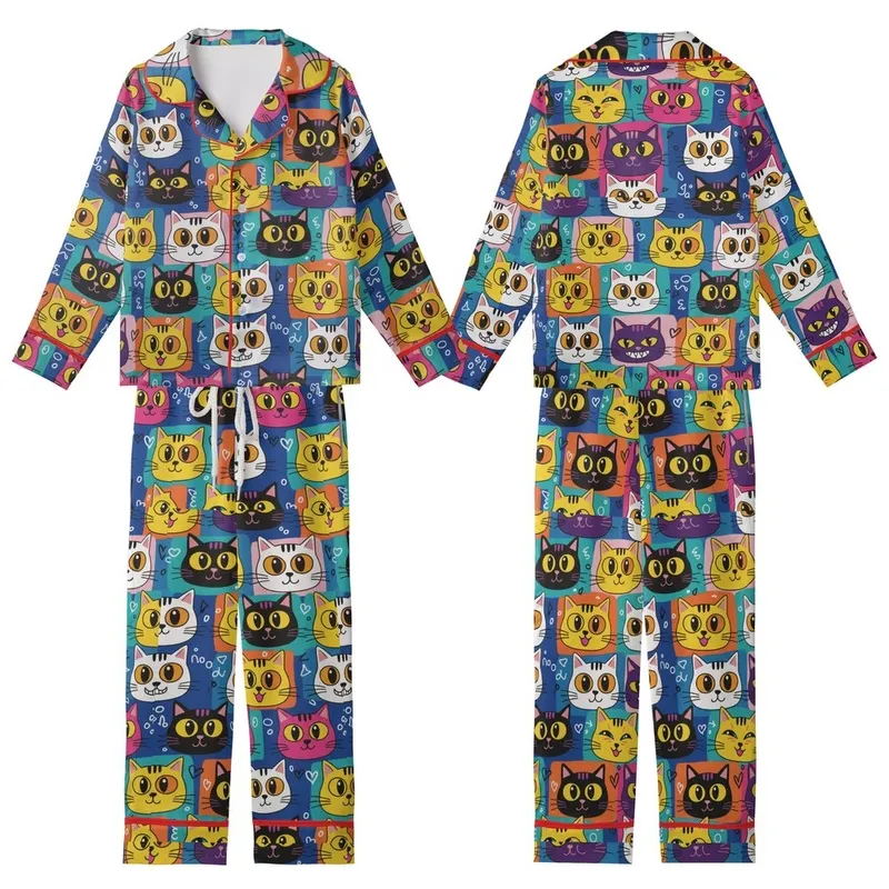 Cat Lovers' Playful Multi-Color Cartoon Cat Faces Block Mosaic with Teal Pink Purple Yellow Graffiti Accents Kid Satin Pajamas Set - 1