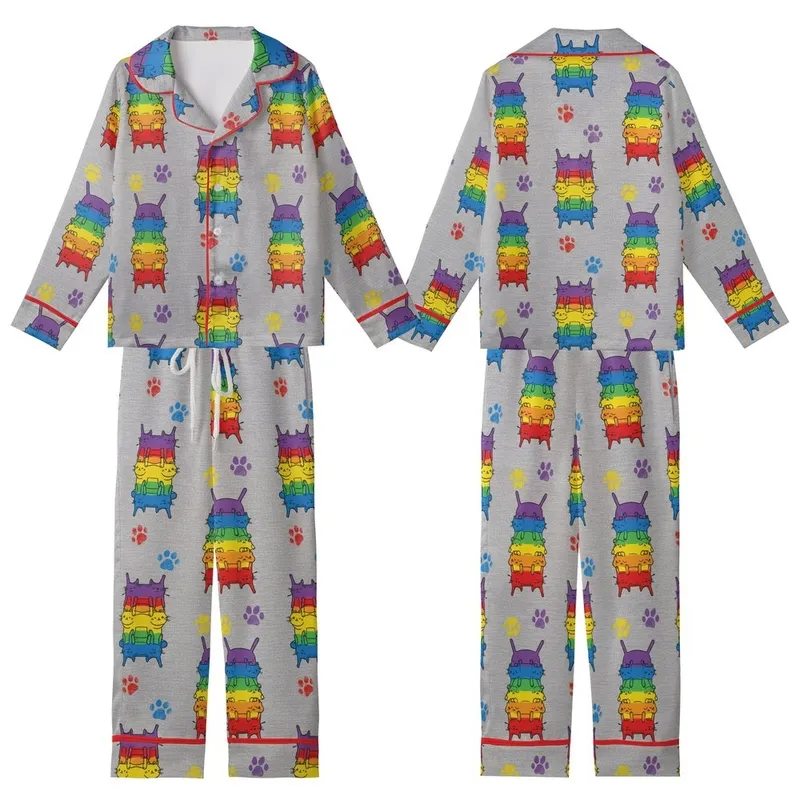 Cat Lovers' Whimsical Rainbow Stacked Cartoon Cats Distressed Paw Print Art Kid Satin Pajamas Set - 1