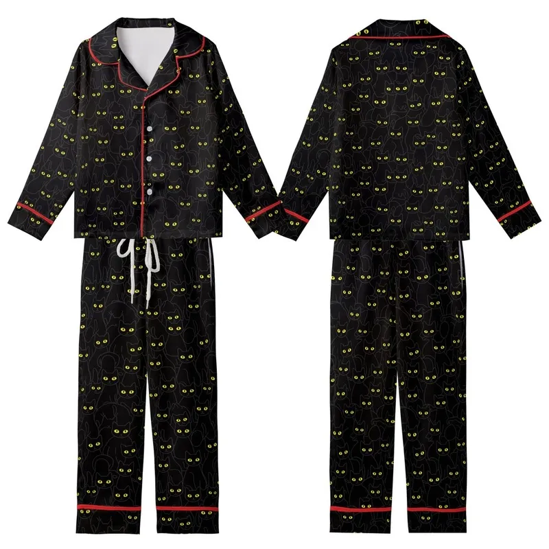 Cat Lovers' All-Over Stylized Black Cat Crowd Pattern with Vibrant Yellow Eyes Flat Art Kid Satin Pajamas Set - 1