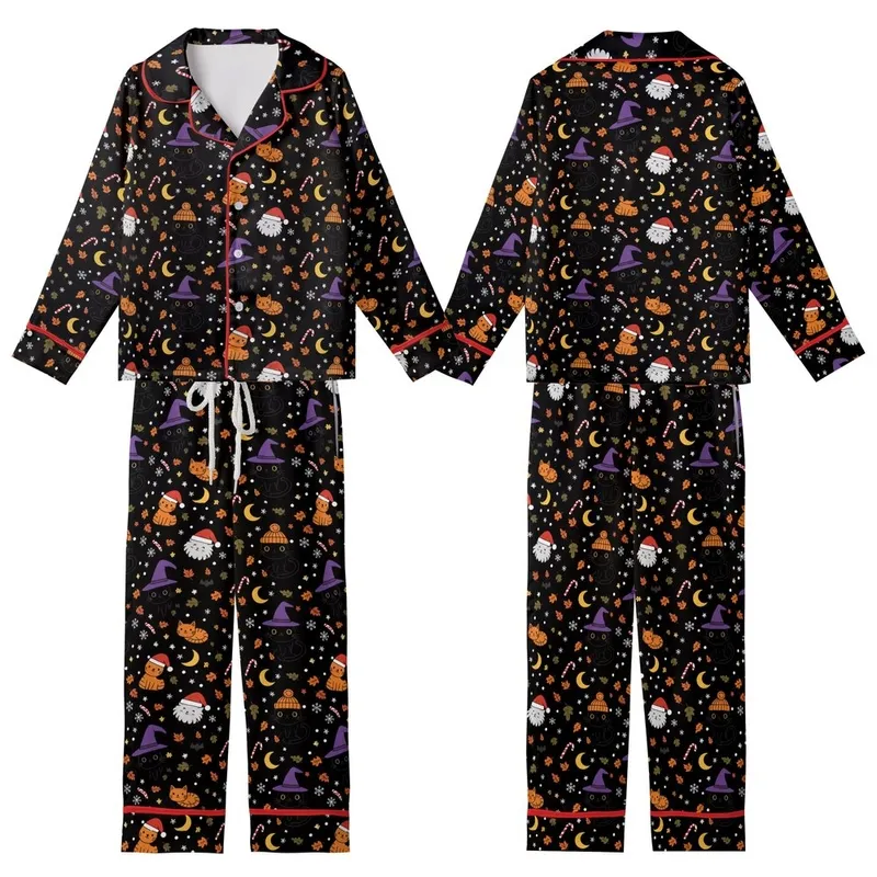 Festive Cat Lovers' Whimsical Cartoon Witch Hat Beanie Hat Santa Hat Cats Pattern Kid Satin Pajamas Set - 1