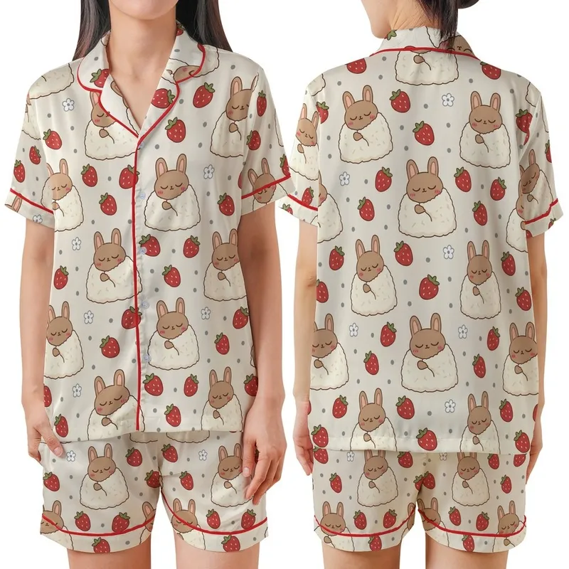 Women's Kawaii Brown Bunny Red Strawberry Cream Blanket Scattered Pattern Satin Short-Sleeve Pajamas Set - 1