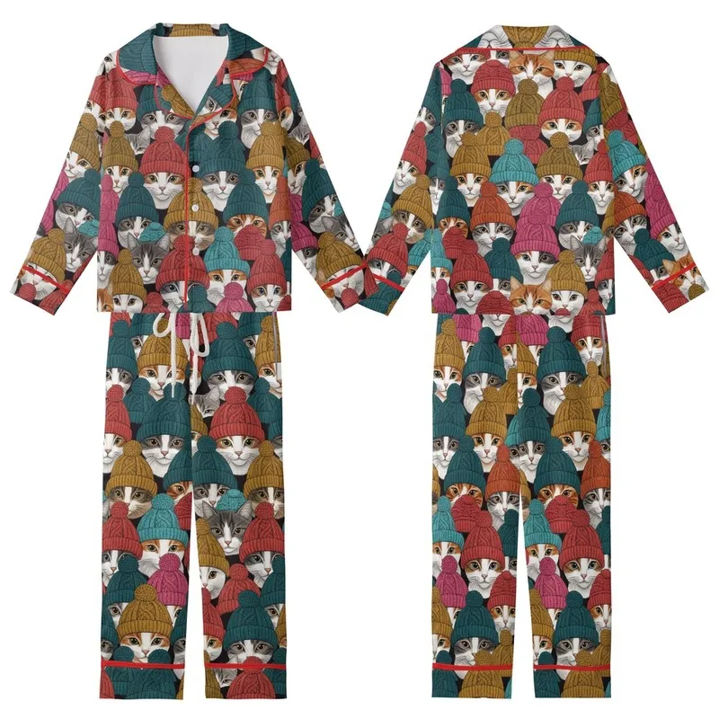 Cat Lovers' Densely Packed Multi-Color Beanie Cat Faces Detailed Knit Pattern Kid Satin Pajamas Set - 1
