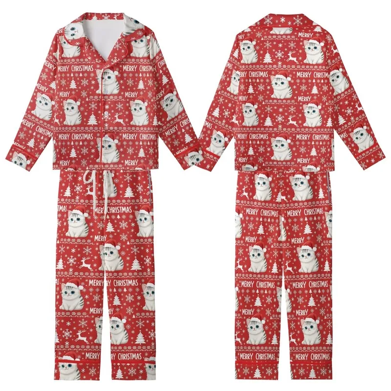Holiday Cat Lovers' Cheerful Red Fair Isle Kitten Santa Hat Snowflake Reindeer Pattern Kid Satin Pajamas Set - 1