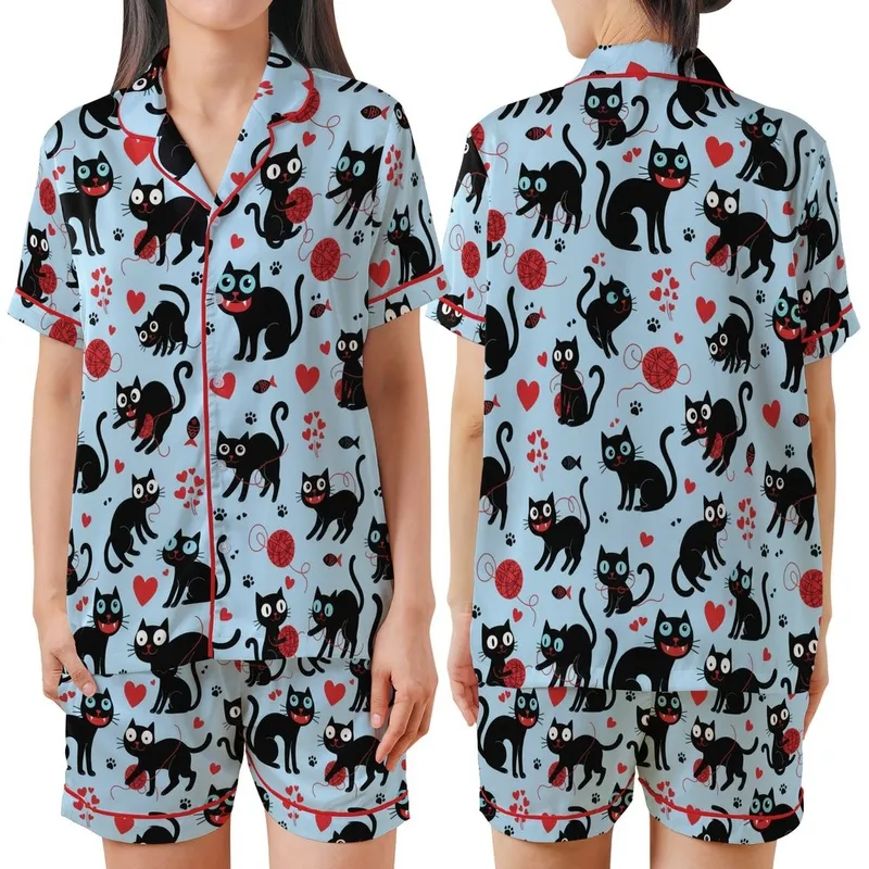 Cat Lovers' Whimsical Black Cat Pastel Blue All-Over Red Hearts Fanged Mouths Yarn Balls Pattern Satin Short-Sleeve Pajamas Set - 1