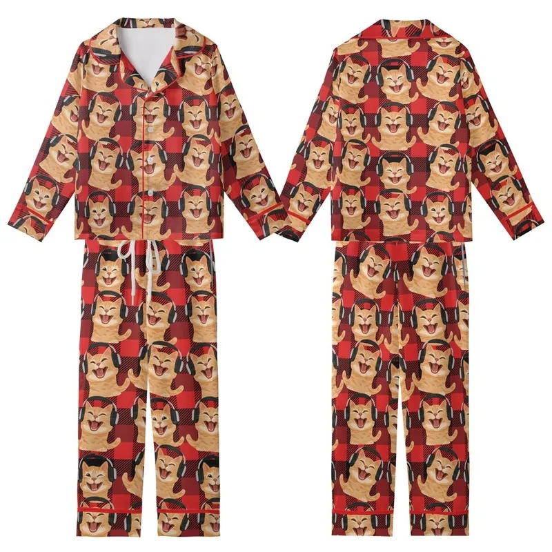 Cat Lovers & Music Fans Excited Photorealistic Ginger Cats Laughing Singing Headphones Red Black Buffalo Plaid Repeat Kid Satin Pajamas Set - 1