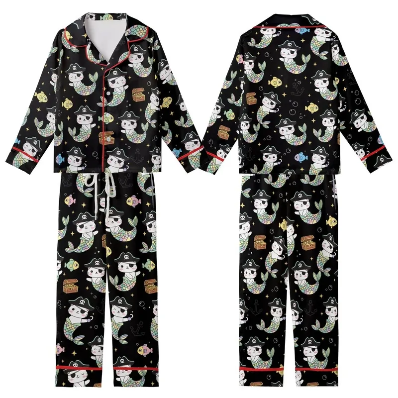 Cat Lover's Cute Pirate Mermaid Cats Pastel Rainbow Nautical Treasure Pattern Black Background Kid Satin Pajamas Set - 1