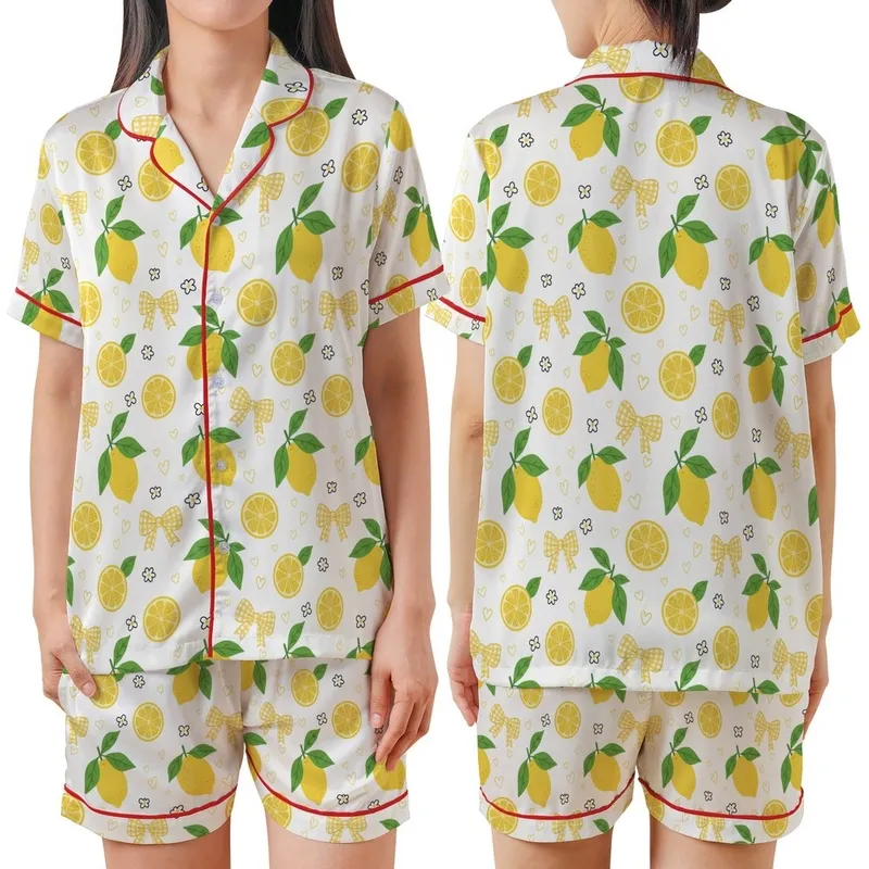 Women's Hand-Drawn Whimsical Lemon Pattern Bright Yellow Bows Green Leaves White Satin Short-Sleeve Pajamas Set - 1