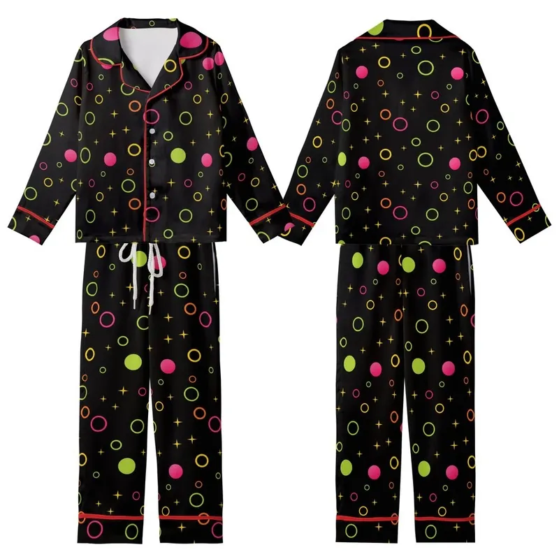Energetic Style Seekers' High-Contrast Neon Lime Pink Orange Yellow Geometric Circles Stars Pattern Kid Satin Pajamas Set - 1