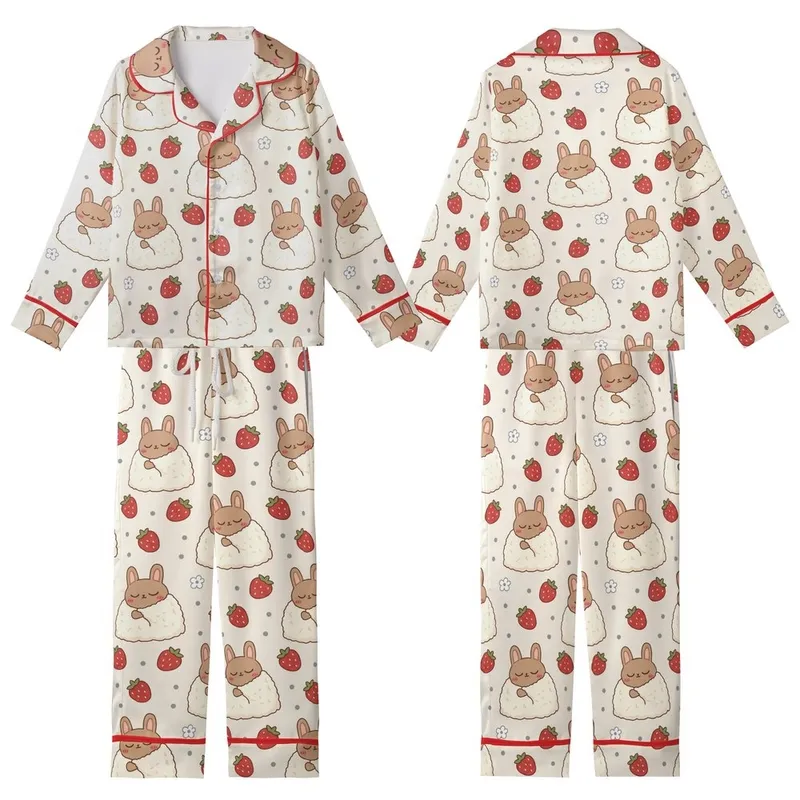Women's Kawaii Brown Bunny Red Strawberry Cream Blanket Scattered Pattern Kid Satin Pajamas Set - 1