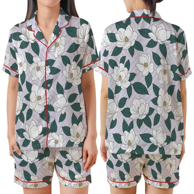 Women's Illustrative White Magnolia Deep Teal Green Leaves Pale Lavender Diagonal Stripe Botanical Pattern Satin Short-Sleeve Pajamas Set - 1