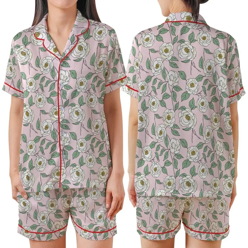Women's Elegant Hand-Drawn Creamy White Camellia Floral Pastel Pink Diagonal Stripe Sage Green Botanical Satin Short-Sleeve Pajamas Set - 1