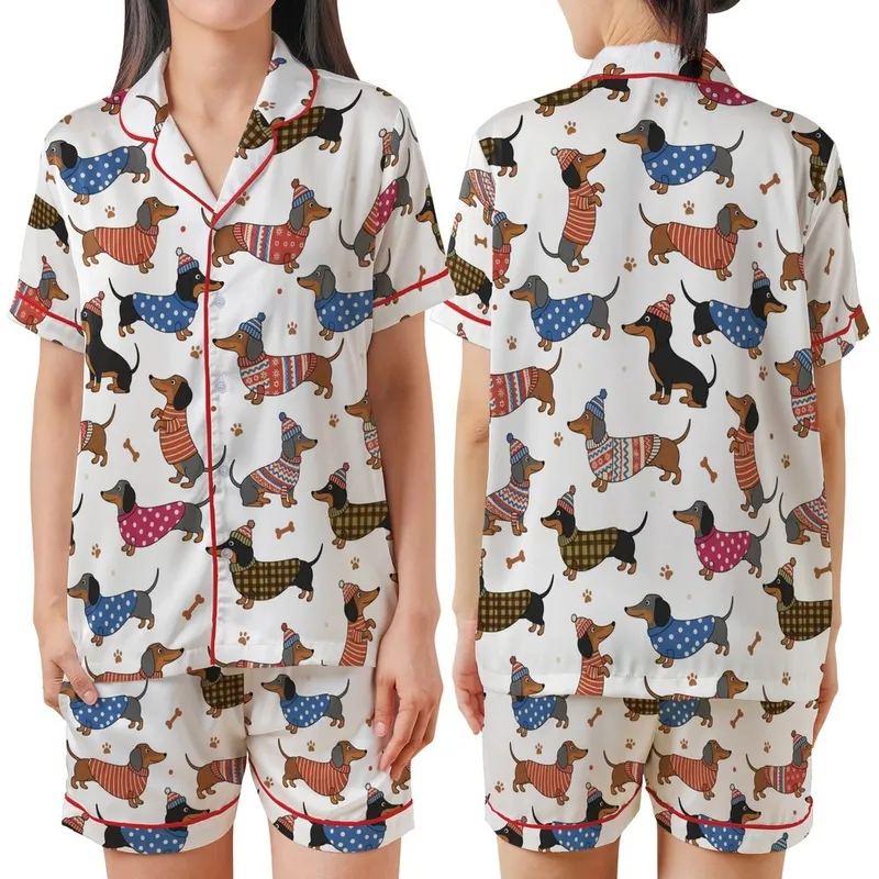 Dachshund Lovers' Whimsical Dachshund Dog Pattern Dressed in Red Pink Blue Plaid Striped Outfits White Background Satin Short-Sleeve Pajamas Set - 1