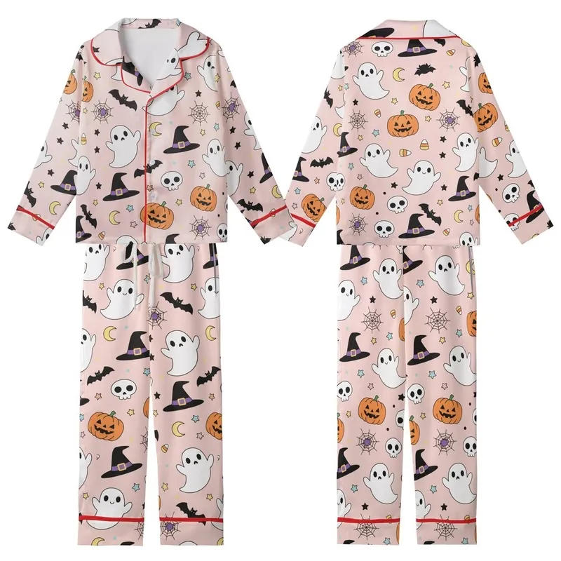 Youth & Girls' Whimsical Light Pink Cartoon Halloween Ghosts, Jack-o'-Lanterns, Witch Hats, Stars Kid Satin Pajamas Set - 1