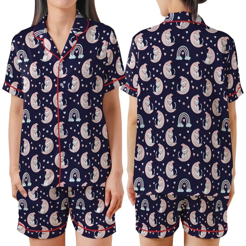 Whimsical Dreamers' Dark Indigo Purple Celestial Cats, Pink Moons & Pastel Rainbows Satin Short-Sleeve Pajamas Set - 1