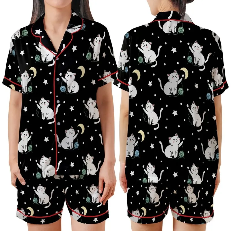 Cat Lovers' Whimsical Illustrative White & Grey Cats Starry Black Pattern, Pale Yellow Moons & Pastel Yarn Satin Short-Sleeve Pajamas Set - 1