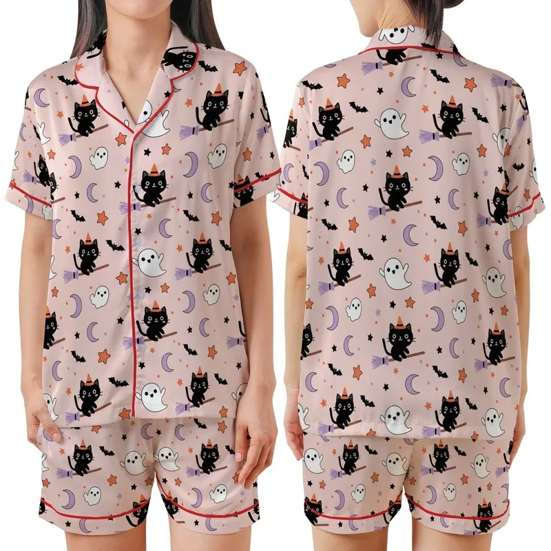 Cute Halloween Lovers' Pastel Pink Whimsical Black Cat Ghost Bat Lavender Orange Star Pattern Satin Short-Sleeve Pajamas Set - 1