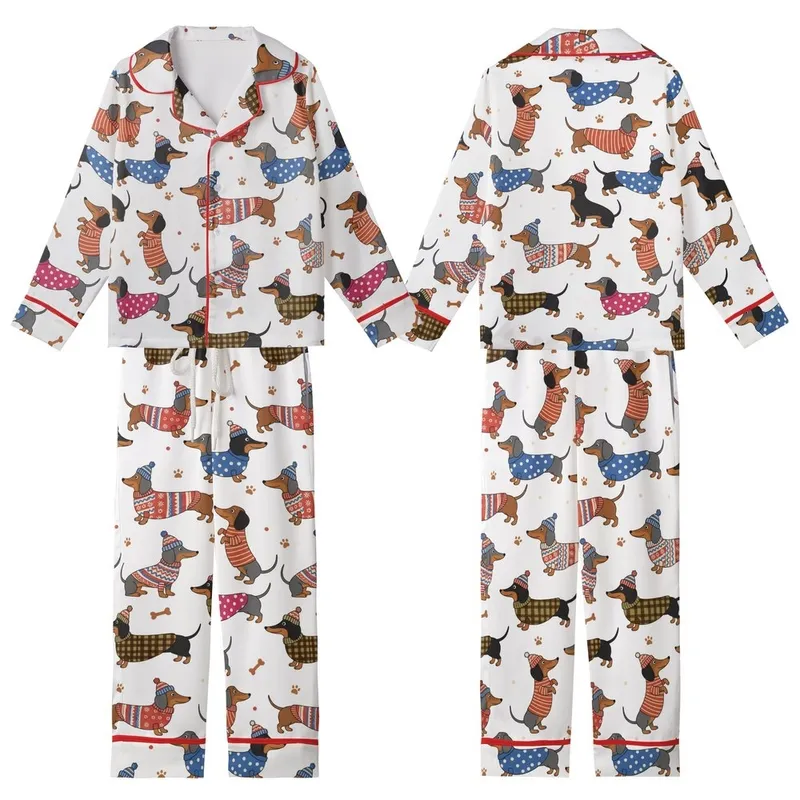 Dachshund Lovers' Whimsical Dachshund Dog Pattern Dressed in Red Pink Blue Plaid Striped Outfits White Background Kid Satin Pajamas Set - 1
