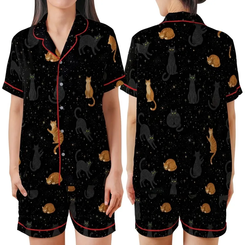 Cat Lovers' Seamless Cosmic Cat Pattern with Stargazing Black & Ginger Felines, Muted Gold Stars on Deep Black Satin Short-Sleeve Pajamas Set - 1