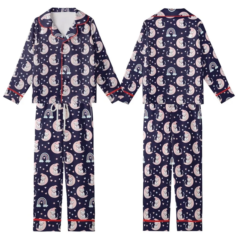 Whimsical Dreamers' Dark Indigo Purple Celestial Cats, Pink Moons & Pastel Rainbows Kid Satin Pajamas Set - 1