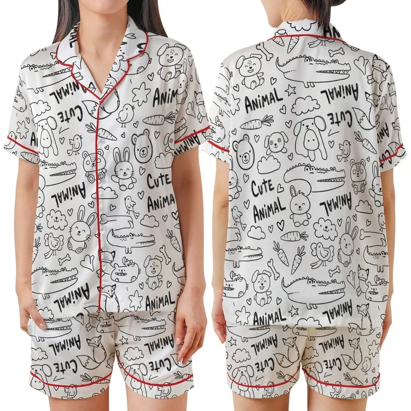Whimsical Art Fans' Hand-Drawn Black & White Doodle Animal Outline Pattern with Cats, Bunnies, Foxes Satin Short-Sleeve Pajamas Set - 1