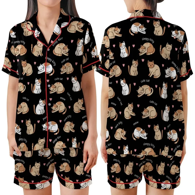 Cat Lovers' Whimsical Cartoon Cats Tan Brown Pink Hearts Black Background Pattern Satin Short-Sleeve Pajamas Set - 1